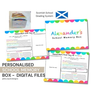 Puede incluir: Un conjunto imprimible de dos páginas para una caja de recuerdos escolares para el primer y último día de escuela de un niño. Las páginas están decoradas con círculos coloridos y tienen espacio para una foto, el nombre del niño y un lugar para escribir sobre sus cosas favoritas. Las páginas se titulan "El primer día de guardería de Alexander" y "El último día de P1 de Alexander".