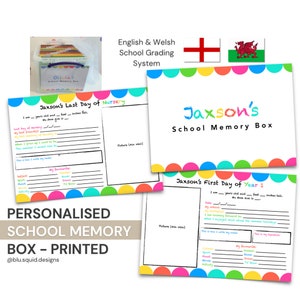 May include: A printable school memory box for a child's last day of nursery or first day of year 1. The colourful design features a picture frame, space for writing, and a section for favourite things. The box is personalised with the child's name, "Jaxson's School Memory Box".