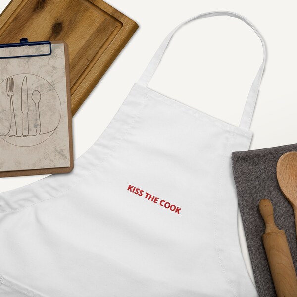 Kiss the Cook Apron | Premium Embroidered Cooking Apron | Quality Embroidered Apron | Unisex Cooking Apron | Stylish Cooking Apron Gift