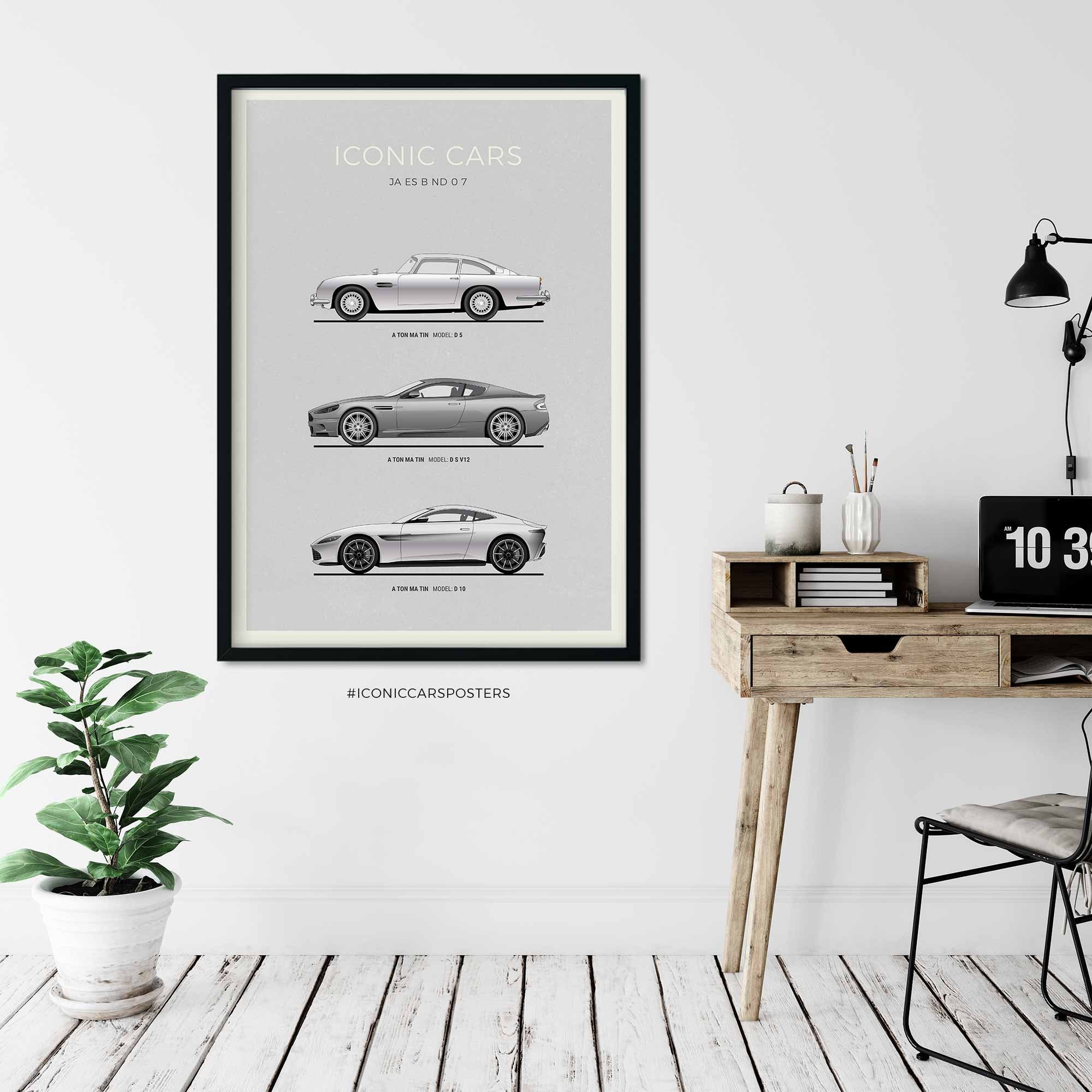 James Bond Cars inspiriertes Poster, mit 007 Aston Martin DB5, DBS V12,  DB10, Bond Auto Poster, Geschenkidee, Dekoration, Wandkunst - .de