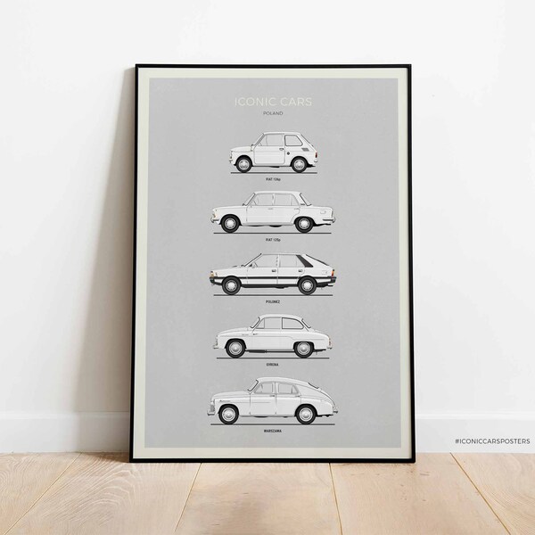 Iconic Polish Cars Inspired Poster, Cars from Poland Print: Fiat 125p, Fiat 126p, Polonez, Syrena, Warszawa. Home Decor (Unframed)