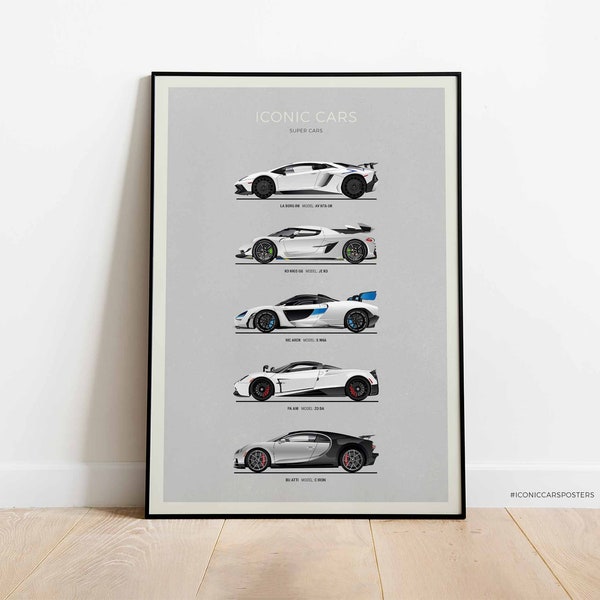 Super Cars Poster, Supercar Inspired Car Print featuring Lamborghini, Koenigsegg, Mclaren, Bugatti, Pagani. Home Decor, Wall Art. (Unframed)