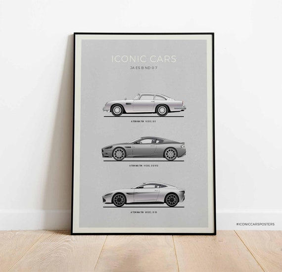 James Bond Cars inspiriertes Poster, mit 007 Aston Martin DB5, DBS V12,  DB10, Bond Auto Poster, Geschenkidee, Dekoration, Wandkunst - .de