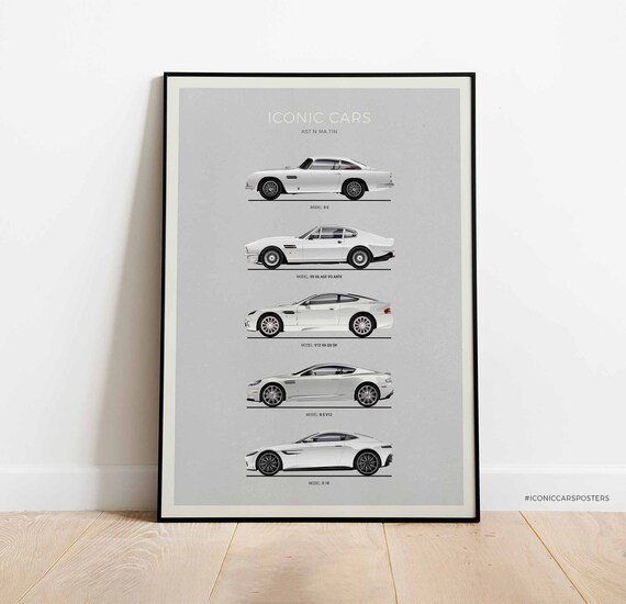 Aston Martin inspiriertes Auto Poster, Aston Martin Evolution Print, mit:  DB5, V8 Vantage, Vanquish, DBS V12, DB10. Wandkunst ungerahmt - .de