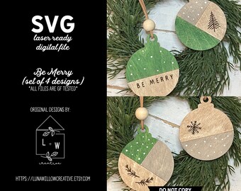 May include: Set of four laser-cut wooden Christmas ornament designs. The ornaments are green and brown with white polka dots. The designs include a snowflake, a Christmas tree, a sprig of greenery, and the text "Be Merry".