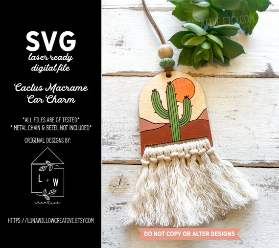 CAR CHARM Cactus Macrame Rear View Mirror Digital Laser Cut Etsy