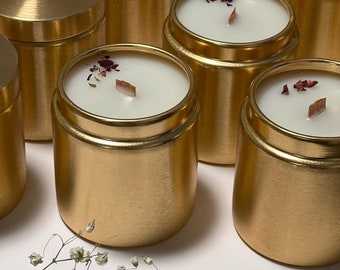 Beautiful Gold Candle Tins | Wood wicks | Coconut Wax | Fall Candle | Gift idea | Aesthetic | Scented Candle | Handmade Candles