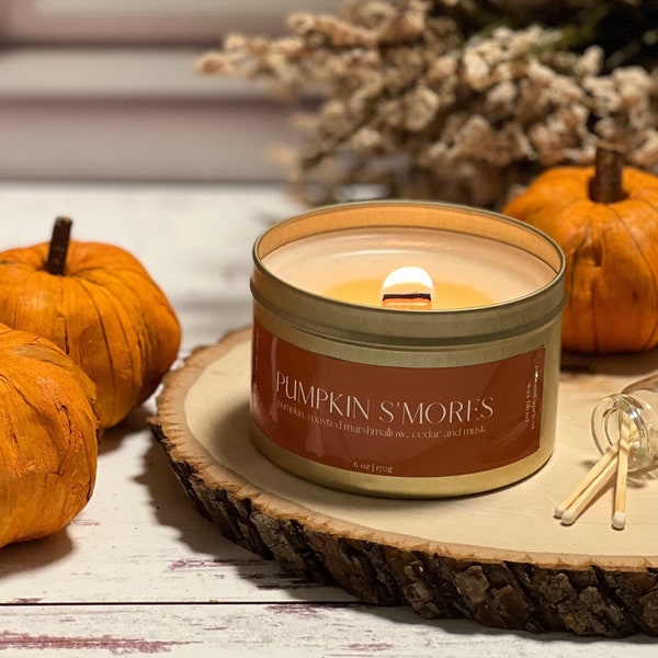 Pumpkin s’mores candle | 6oz Gold Tin | Coconut Wax Candle | Woodwick candle | pumpkin spice fall candle | autumn | fall scents