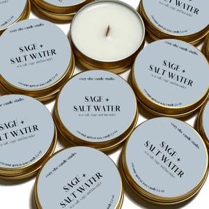 Sage + Salt Water | 2oz Gold Candle Tin | Travel Tin | Candle Favors | Gifts for her