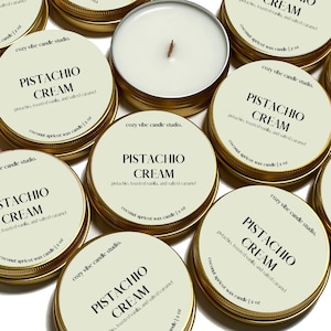 Pistachio Cream Candle: Coconut-Apricot Wax, Gold Travel Tin
