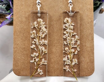 White Flower vine earrings, real pressed flowers. Dried flower jewelry.