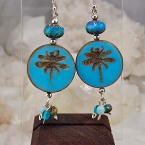 Dragonfly earrings, Blue Czech glass beads. Vintage style earrings. Jewelry gifts for her.