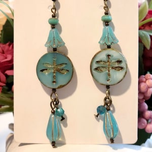 Dragonfly earrings, Blue Czech glass beads. Vintage style earrings. Jewelry gifts for her.