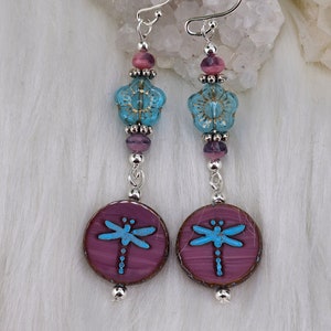 Vintage Style Dragonfly Earrings: Czech Glass, Sterling Silver Wires