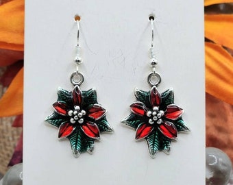 Poinsettia earrings. Red and green Resin with silver. Christmas Jewelery.