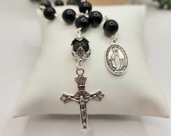 Pocket Rosary made with Silver Obsidian Gemstone Beads. Ten decade Rosary. Catholic gifts.