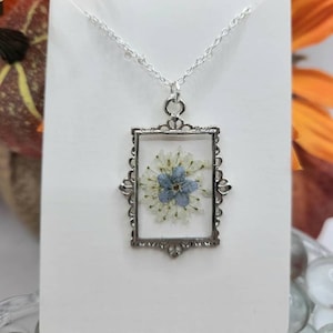 Forget Me Not Necklace: Pressed Flower Silver Frame Pendant