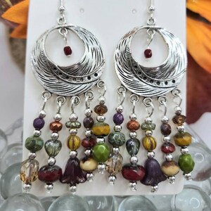 Floral chandelier earrings. Mixed Color Czech glass beads. Fall jewelry. Statement earrings. Sweater jewelry. Gifts for her.