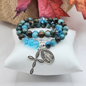 Blue Crazy Lace Agate Rosary Bracelet: Miraculous Medal, Silver Cross