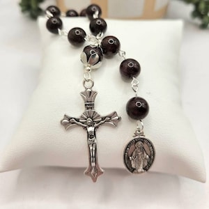Pocket Rosary made with Wine Red Garnet Gemstone Beads. Ten Decade rosary. Catholic gifts.