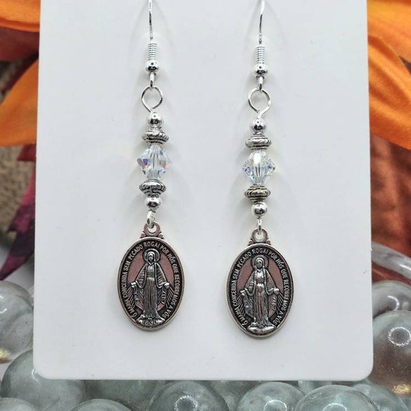 Virgin Mary, Miraculous Medal crystal earrings. Religious jewelry.   Jewelry gifts for her.