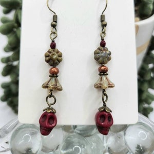 Red Howlite Skull Earrings: Czech Glass Beads, Halloween Jewelry
