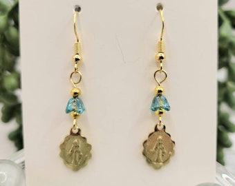 Miraculous Medal earrings, Virgin Mary, blue Czech glass bead accents. Religious jewelry. Gifts for her.