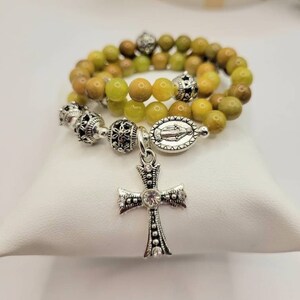 Yellow Green Opal Rosary Bracelet: Miraculous Medal, Rhinestone Cross