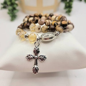 Zebra Jasper Rosary Bracelet: Miraculous Medal, Silver Cross Dangle