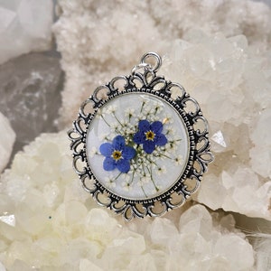 Forget me not necklace, White and Blue flowers in a silver designer bezel. Made with real pressed flowers. Mother's Day jewelry gifts.