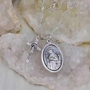 St. Catherine of Sweden Necklace: Oxidized Silver Medal, St. Benedict Crucifix
