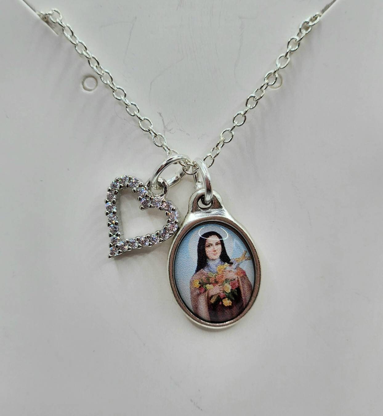 Tiny St. Therese of Lisieux Medal Necklace With Crystal Heart. Saint ...