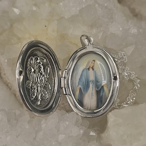 Miraculous Medal Locket. Floral front, dainty necklace. Religious pendants.