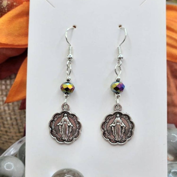 Miraculous Medal, Virgin Mary drop earrings. Made with Czech Glass beads Religious jewelry. Jewelry gifts for her.
