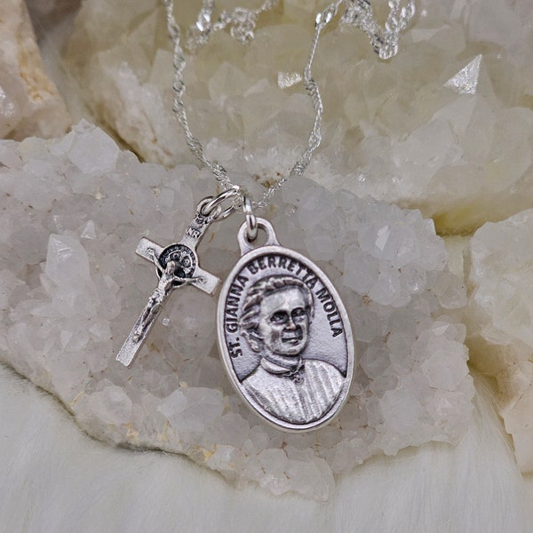 St. Gianna Beretta Molla necklace. Patron Saint of Mothers, Wives, Families & The Unborn. St. Benedict Protection Crucifix, made in Italy.