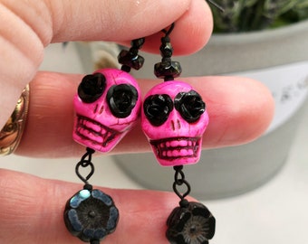 Flower Sugar Skull earrings, hot pink and black. Czech glass beads. Halloween jewelry.