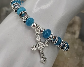 Cross bracelet made with Blue Apatite. Gemstone bracelet. Womens jewelry gifts.