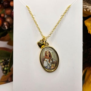St. Dymphna Medal Necklace: Gold Heart Charm, Patron Saint Jewelry