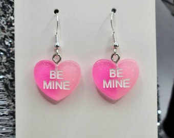 BE MINE glitter candy heart earrings. Perfect for Valentine's Day. Conversation heart earrings. Jewelry gifts for her.