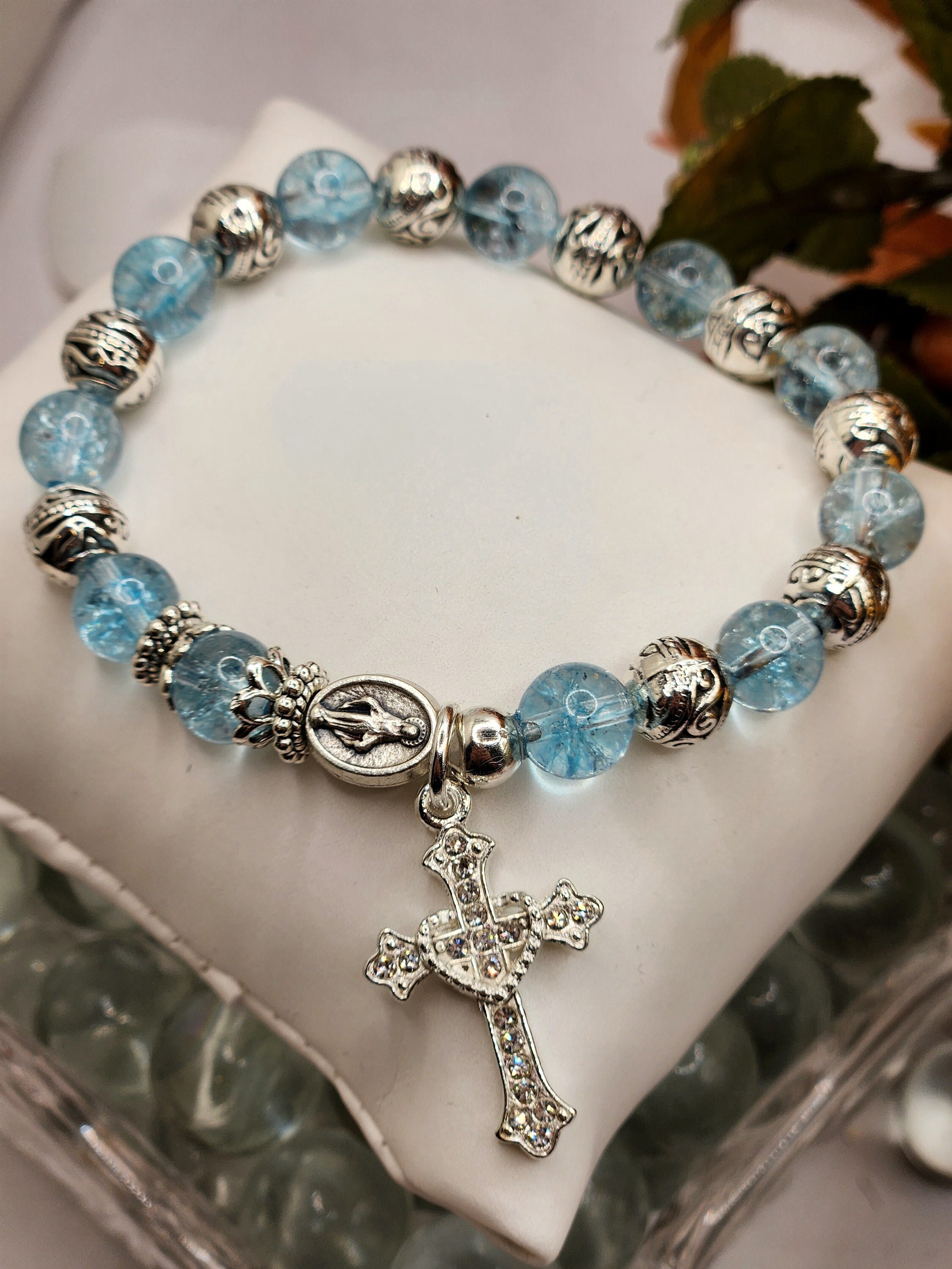 Light BLUE Rosary Crucifix & Rhinestone Virgin Mary Rosary