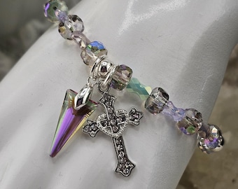 Phantom Purple Czech Crystal Cross Charm Bracelet: Rhinestone Silver