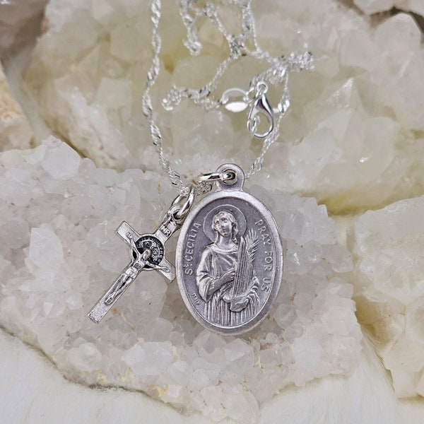 St. Cecilia medal necklace. Patron Saint of Musicians, Music & Composers. St. Benedict Protection Crucifix, made in Italy. Saint necklaces.