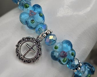 Cross bracelet made with Murano glass beads. Blue flower bracelet. Women's jewelry and gifts.
