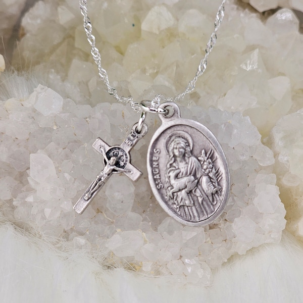 St. Agnes medal necklace. Patron Saint of Virgins and Rape Victims. St. Benedict Protection Crucifix both made in Italy. Saint necklaces.