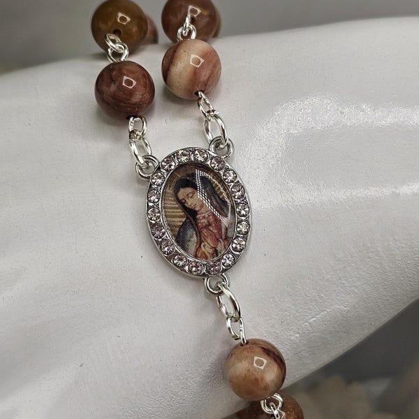 Lady of Guadalupe Magnetic Rosary Bracelet. Banded Agate and Tibetan Silver. Religious jewelry.