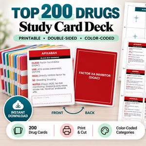 Könnte beinhalten: Ein druckbares Top 200 Drugs Lernkartenset mit farbcodierten Karten, Vorder- und Rückseite. Die Karten zeigen medizinische Informationen wie Medikamentennamen, Klassen, Verwendungszwecke und Warnhinweise. Inklusive Ausrichtungstestblatt.