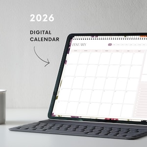 Vrouwelijke digitale planner 2026: gelinkte pdf-kalender (Goodnotes, Notability)