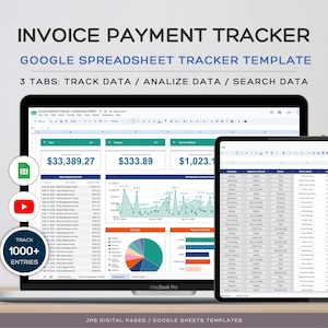 Könnte beinhalten: Eine Google Spreadsheet Vorlage zur Rechnungszahlungsverfolgung auf einem Laptop- und Tablet-Bildschirm. Die Benutzeroberfläche zeigt Datentabellen, ein Liniendiagramm und ein Kreisdiagramm. Der Text umfasst INVOICE PAYMENT TRACKER, GOOGLE SPREADSHEET TRACKER TEMPLATE, 3 TABS: TRACK DATA / ANALYZE DATA / SEARCH DATA und TRACK 1000+ ENTRIES.
