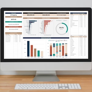 K&ouml;nnte beinhalten: Ein Computerbildschirm zeigt eine Tabellenkalkulation mit Finanzdaten. Die Tabellenkalkulation zeigt insgesamt 6 Projekte mit einem durchschnittlichen Budget von 975,00 &euro;. Das Gesamtbudget betr&auml;gt 68.500,00 &euro; und die Gesamtausgaben betragen 24.390,00 &euro;. Die Tabellenkalkulation zeigt auch ein Kreisdiagramm mit einem Prozentsatz von 35,8 % unter dem Budget.