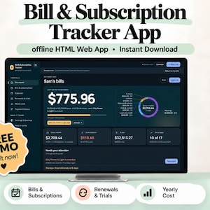 May include: A computer monitor displaying a Bill & Subscription Tracker App interface with a dark theme, showing financial data, a donut chart, and a yellow badge that reads FREE DEMO Try it now! with a heart icon.